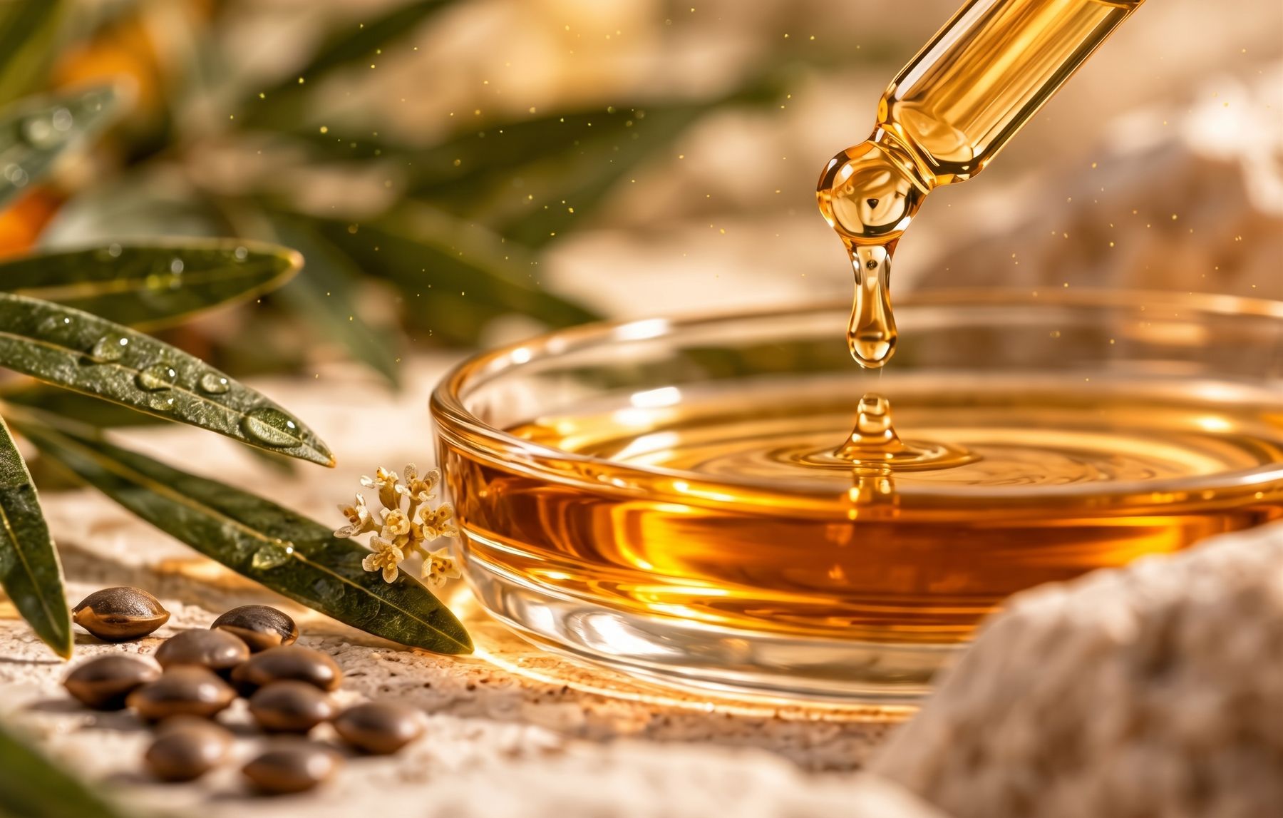 Golden oil dripping from a pipette into a glass dish next to hemp seeds