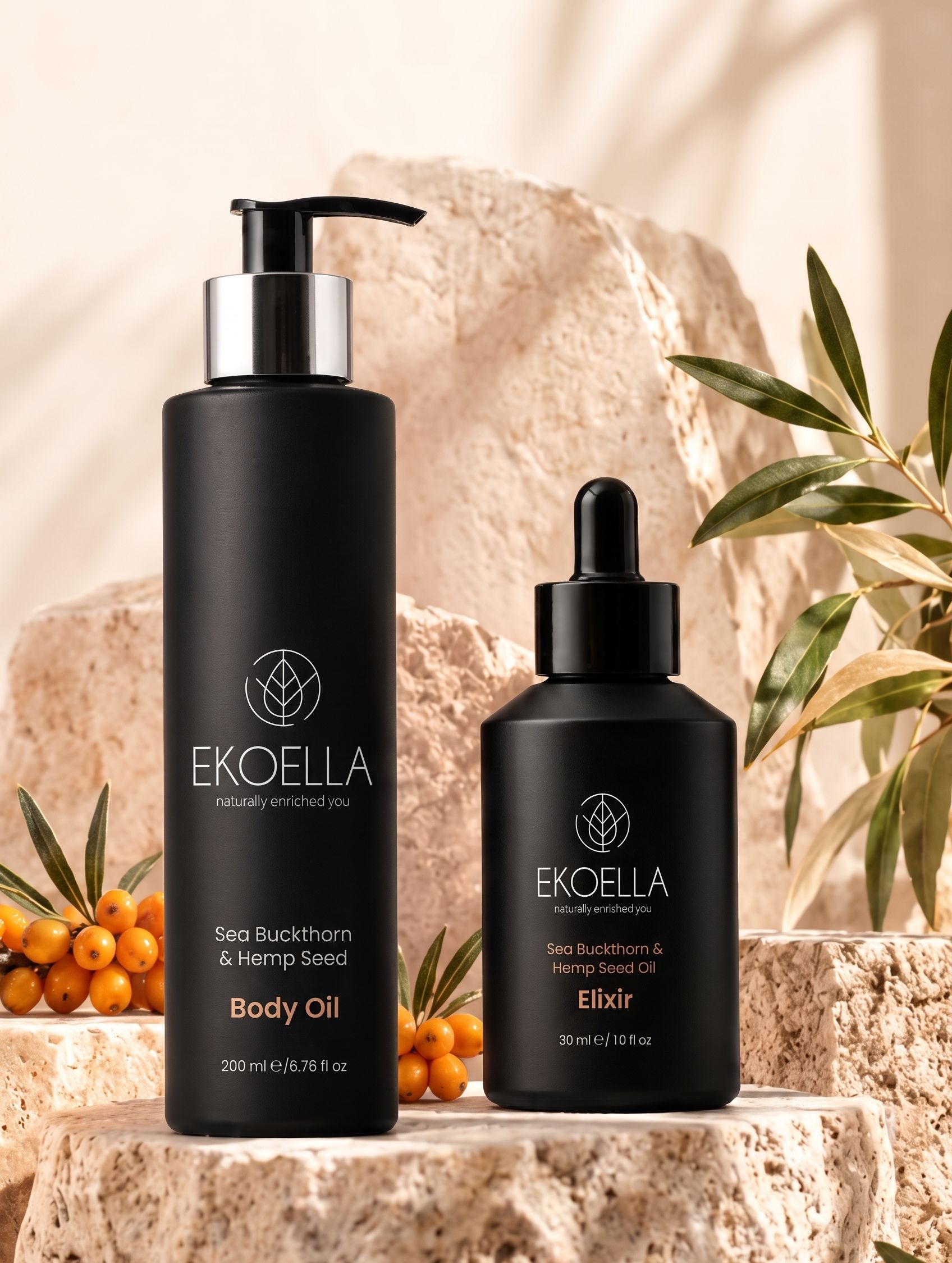 EKOELLA Body Oil and Elixir on travertine stones with sea buckthorn berries and olive leaves