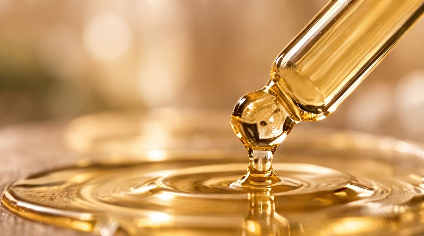A drop of golden oil falling from a pipette