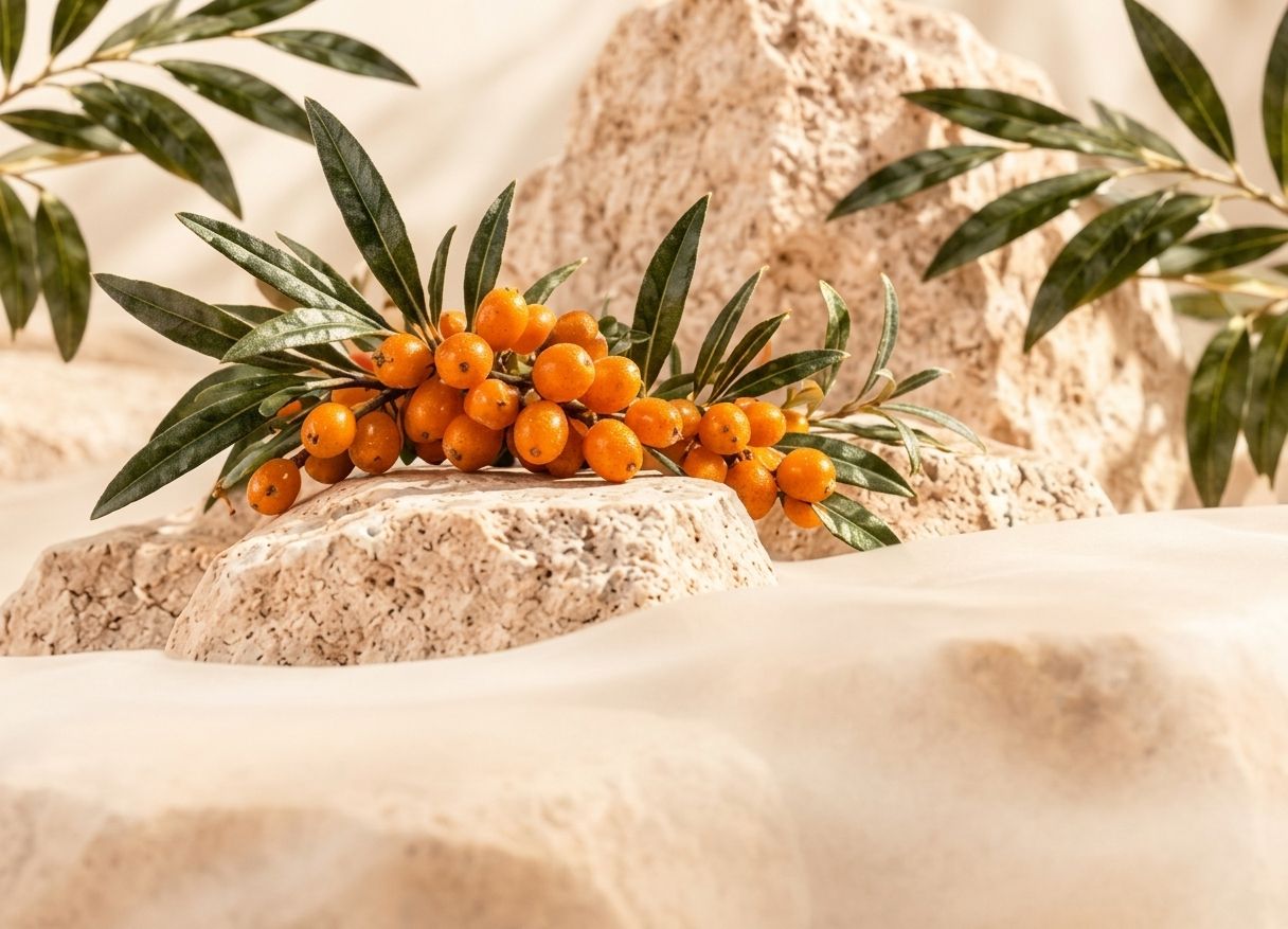 Sea buckthorn berries and olive leaves on travertine stones