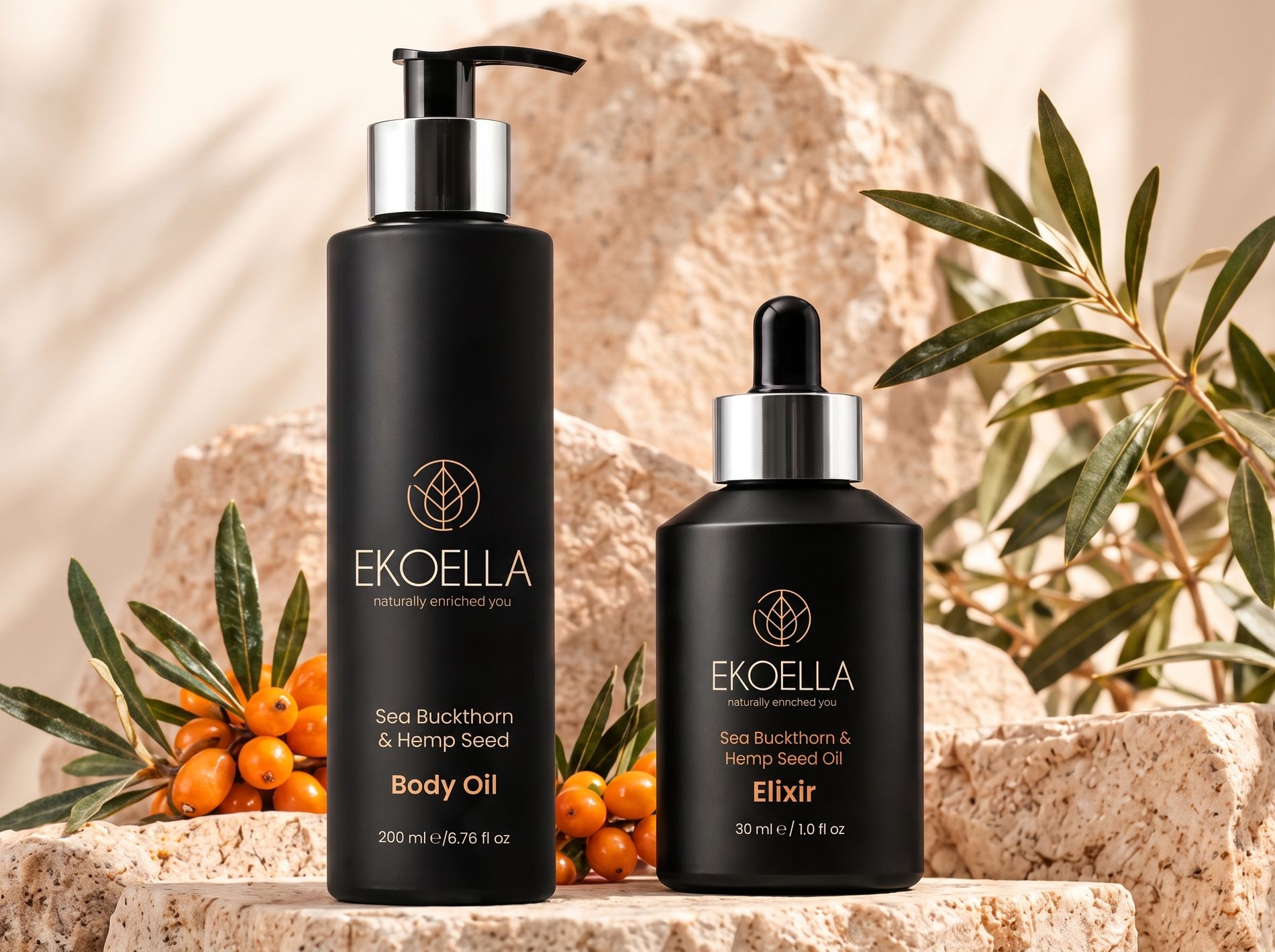 EKOELLA Body Oil and Elixir on travertine stones with sea buckthorn berries and olive leaves