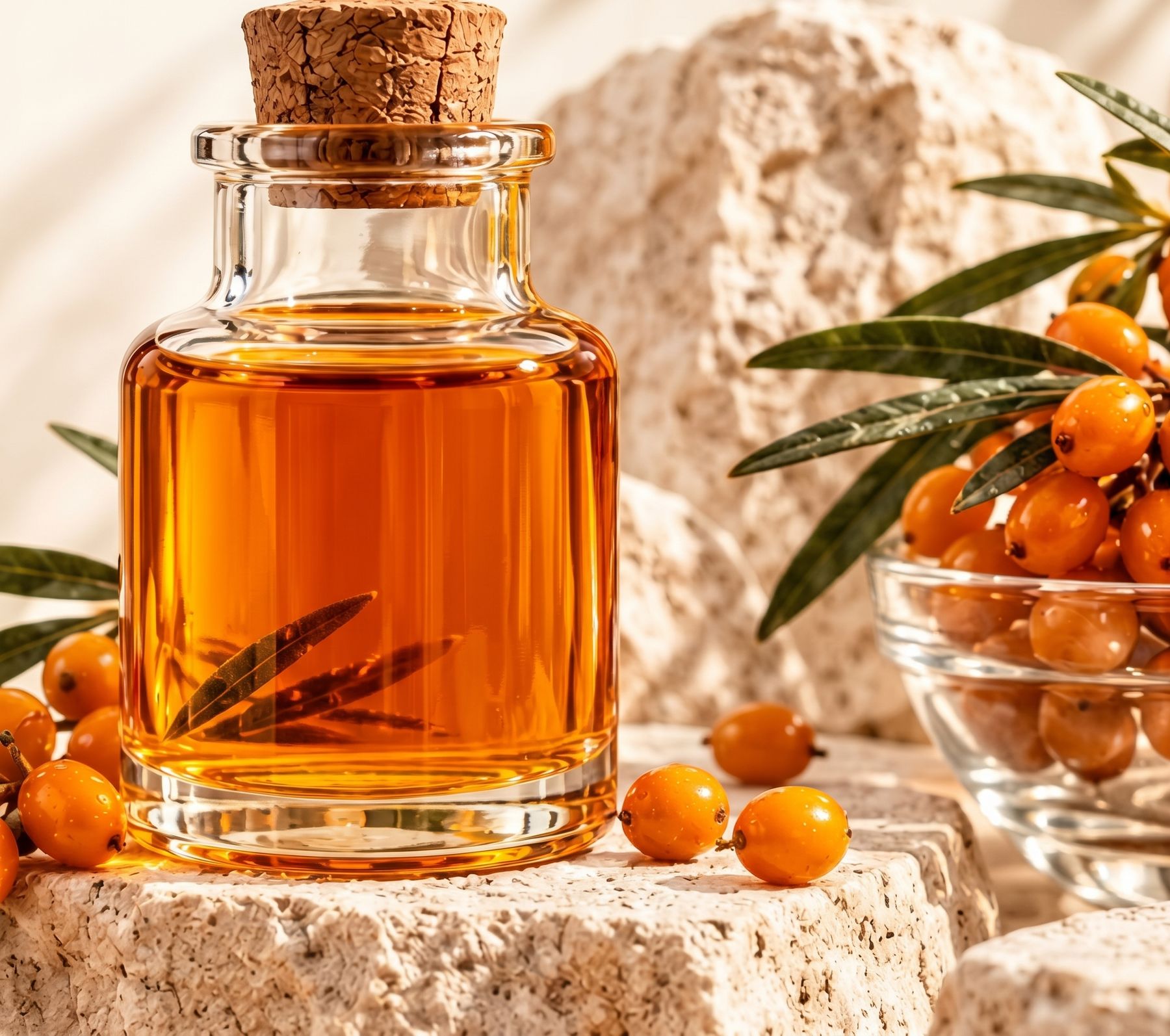 A glass bottle of golden-orange sea buckthorn oil on a stone, surrounded by sea buckthorn berries